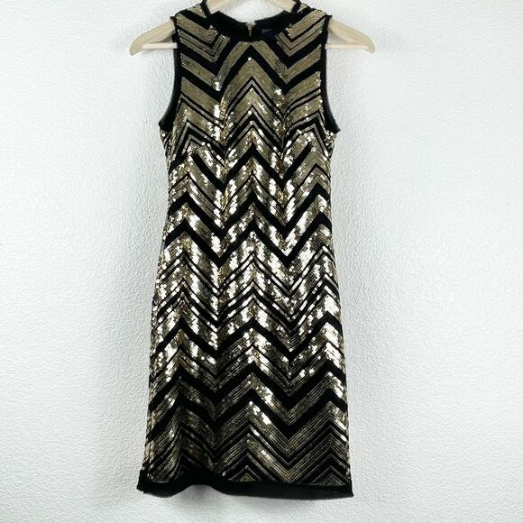 Vince Camuto Black Gold Sequin Dress Chevron Sleeveless Lined Fringe Hem Gatsby - Picture 2 of 12